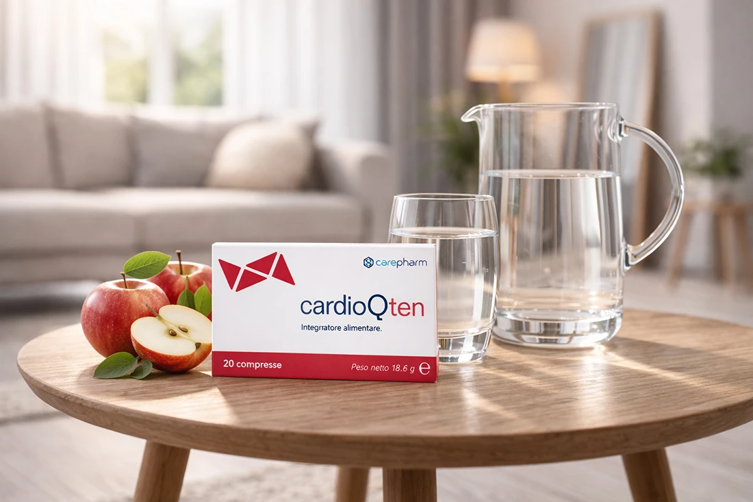 Integratore per il colesterolo Cardioqten su un tavolino con mela e acqua