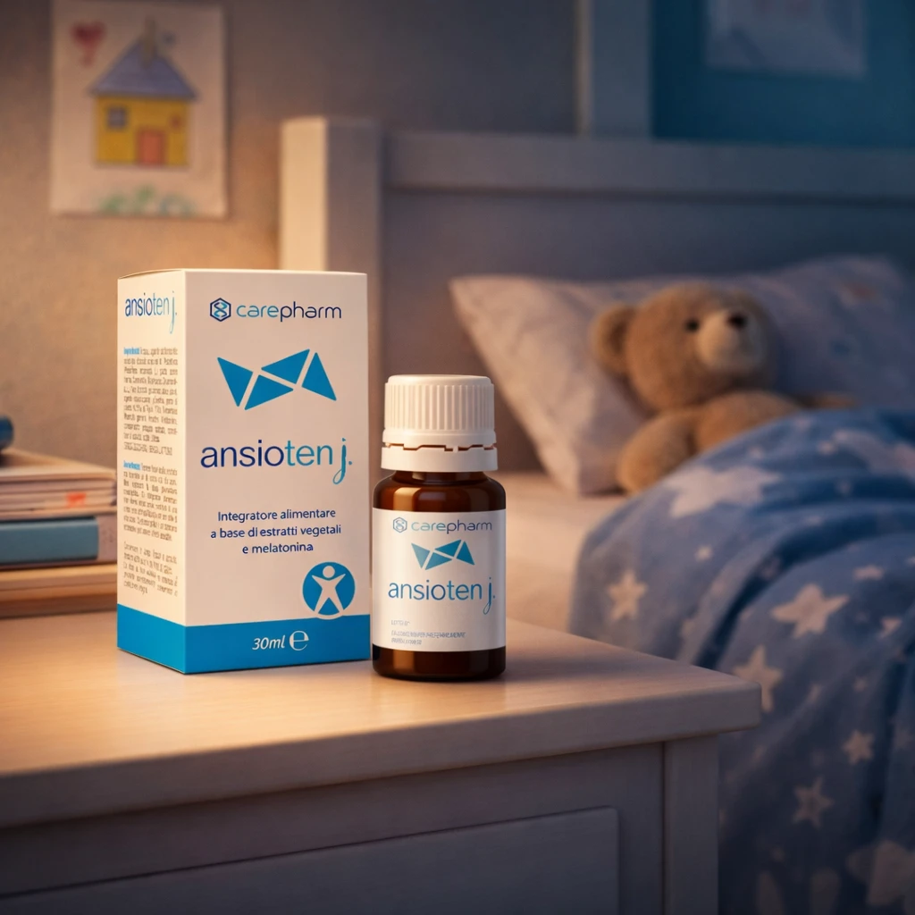 Integratore per il sonno dei bambini Ansioten J in primo piano nella stanza di un bambino