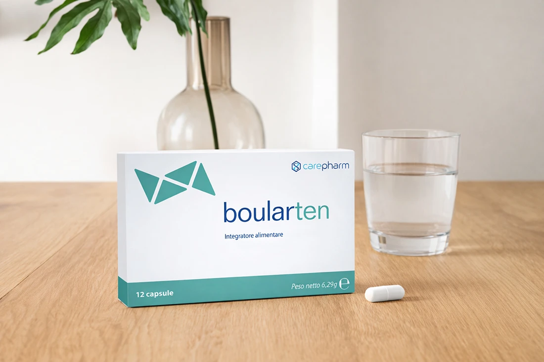 L'integratore per il benessere intestinale Boularten sul tavolo con dell'acqua