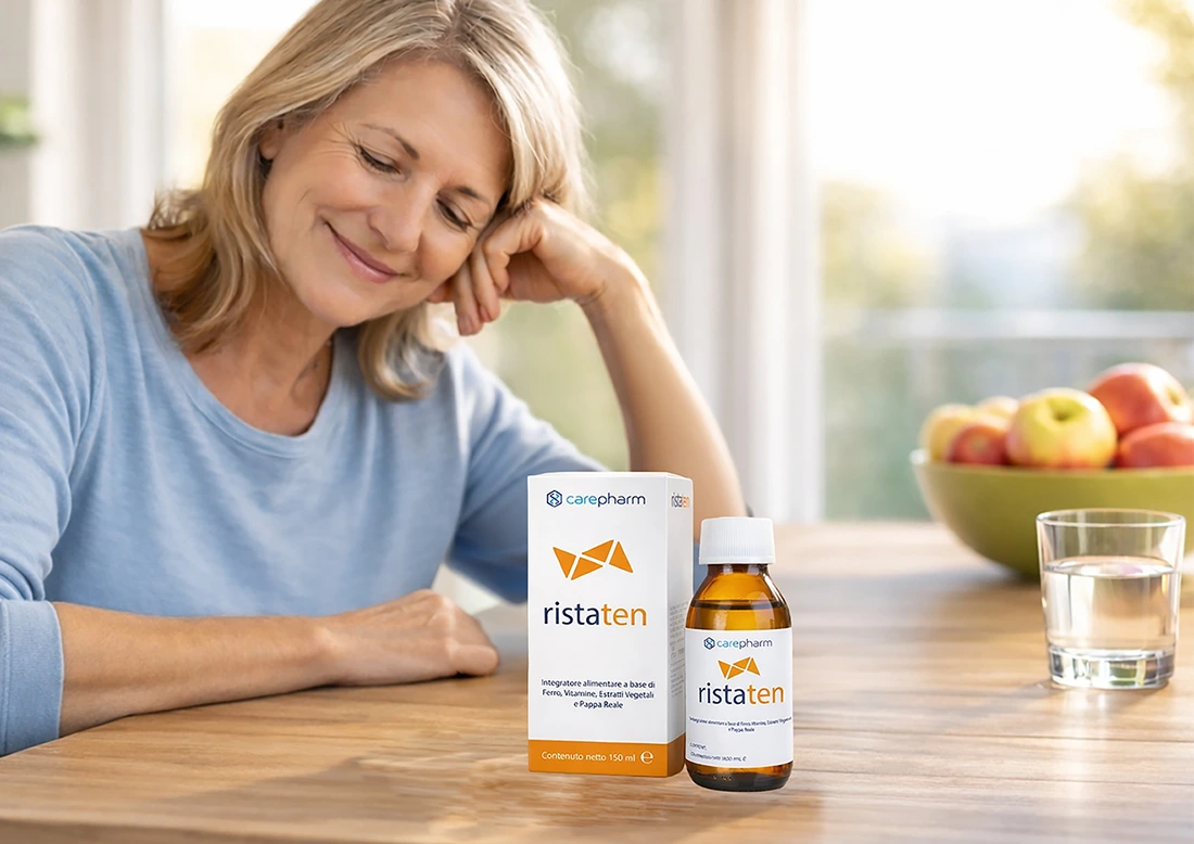 Donna anziana seduta con l'integratore contro la stanchezza Ristaten