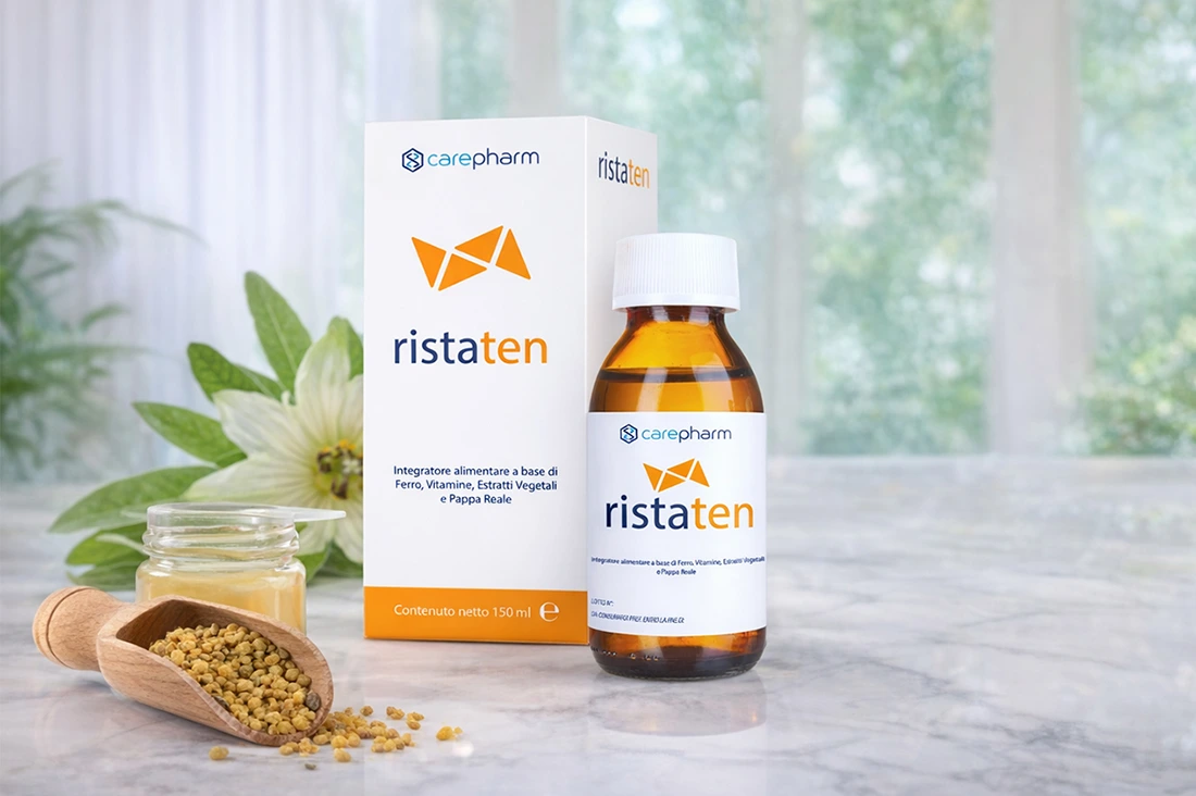 Immagine dell'integratore contro la stanchezza Ristaten su un tavolo di marmo