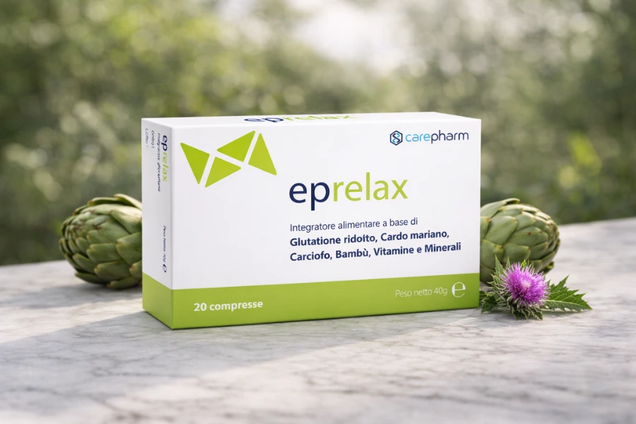 Integratore Eprelax per il fegato su un piano di marmo
