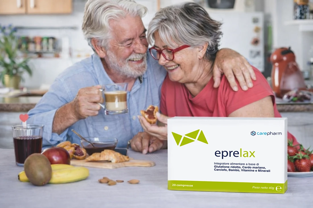uomo e donna di mezza età a colazione con prodotto eprelax